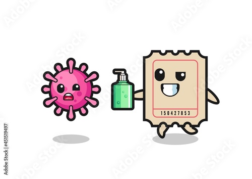 illustration of ticket character chasing evil virus with hand sanitizer