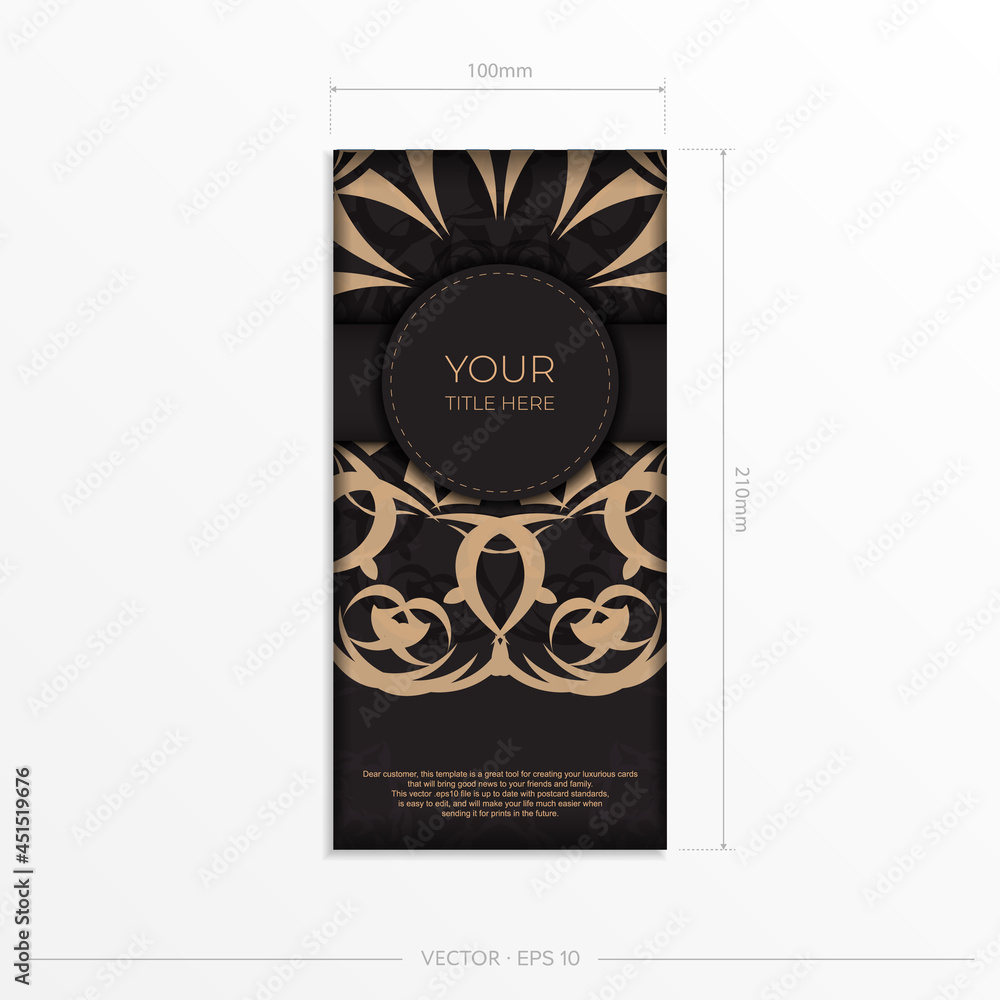 Rectangular Ready-to-print postcard design in black with luxurious ornaments. Invitation card template with vintage patterns.