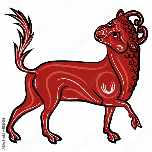 Stylized red bull or calf. Taurus Zodiac sign. Medieval illuminated manuscript animal art. Isolated vector illustration.