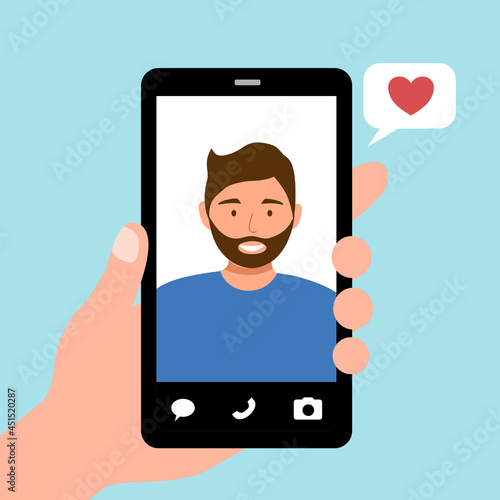 Video call with love one concept vector illustration. Woman hand holding smartphone talking with boyfriend on screen. Finger touch screen. Video chat via internet in flat design.