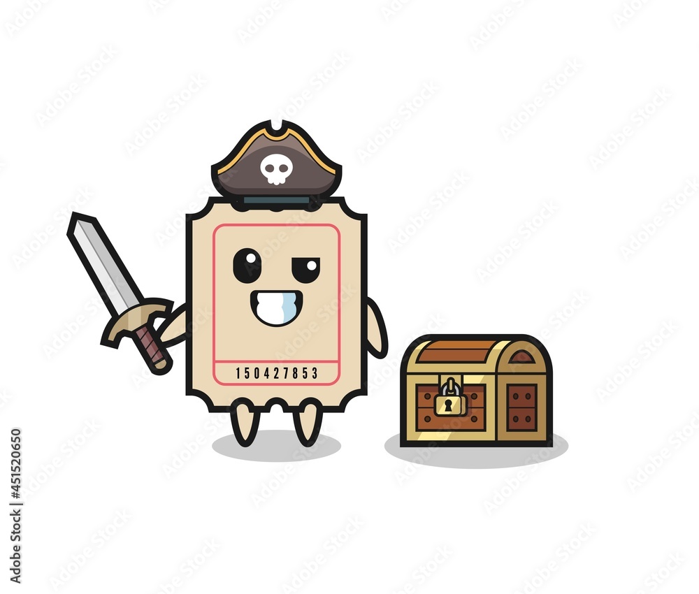 Fototapeta premium the ticket pirate character holding sword beside a treasure box
