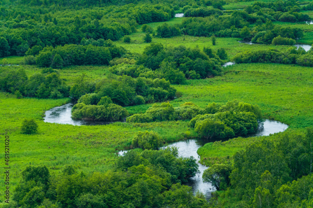 The wetland landscape in Hulun Buir, Inner Mongolia, China, summer time.