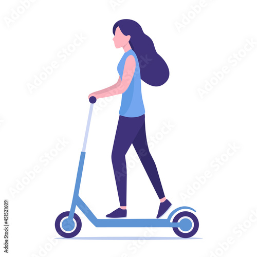 A girl rides a scooter. Flat colored vector illustration. Isolated on white background. 