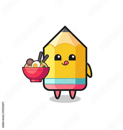 cute pencil character eating noodles