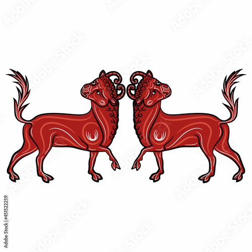 Symmetrical animal design or frame with two stylized red bulls or calves. Taurus Zodiac sign. Medieval illuminated manuscript animal art. Isolated vector illustration.