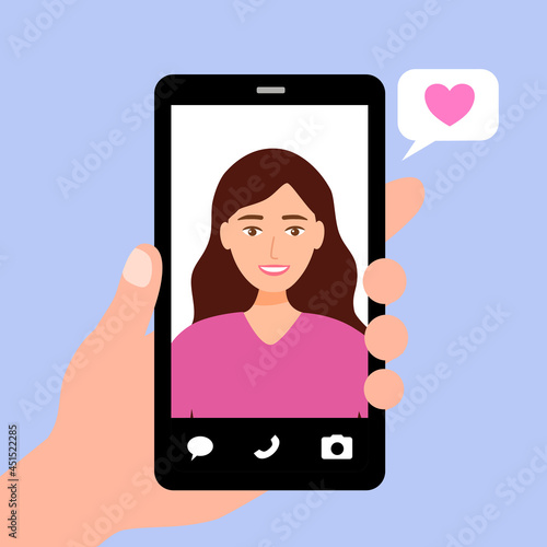 Video call with love one concept vector illustration. Hand holding smartphone talking with girlfriend on screen. Finger touch screen. Video chat via internet in flat design.