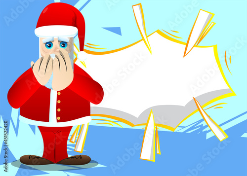 Santa Claus in his red clothes with white beard with hands over mouth. Vector cartoon character illustration.