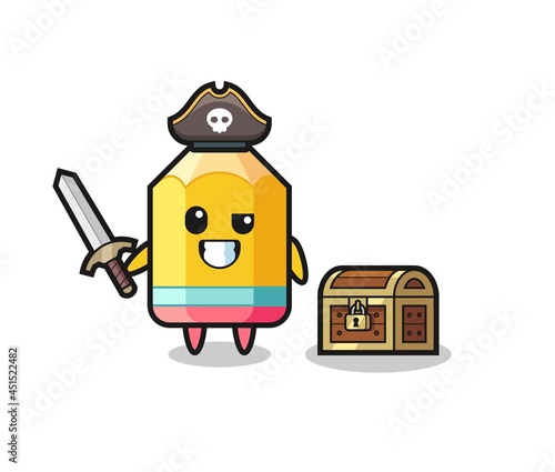 the pencil pirate character holding sword beside a treasure box