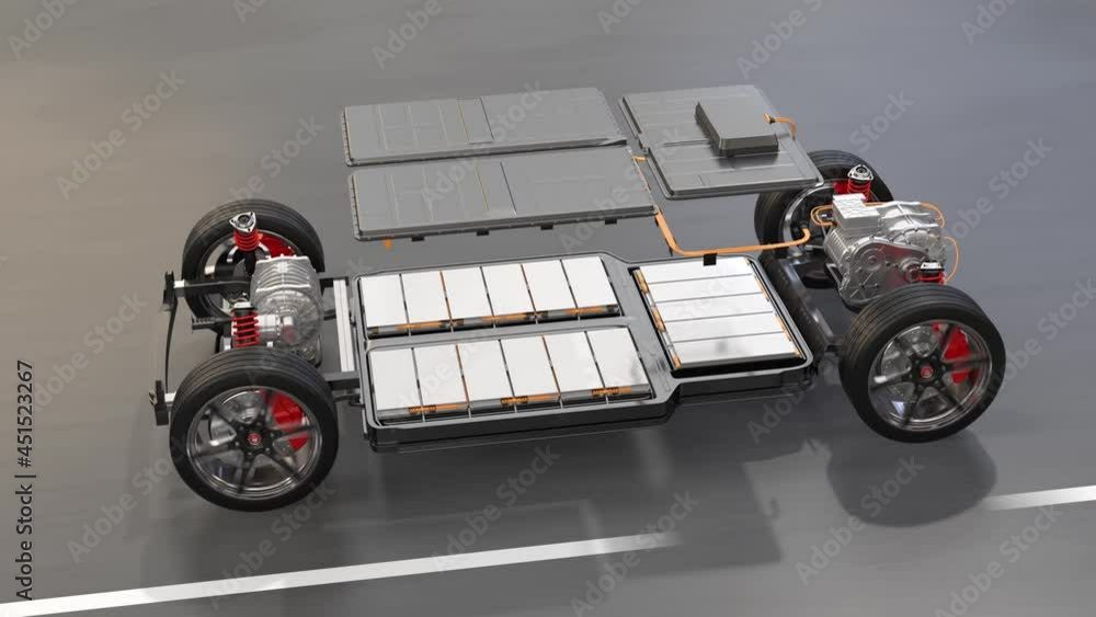 Explode demonstration of electric vehicle chassis equipped with battery