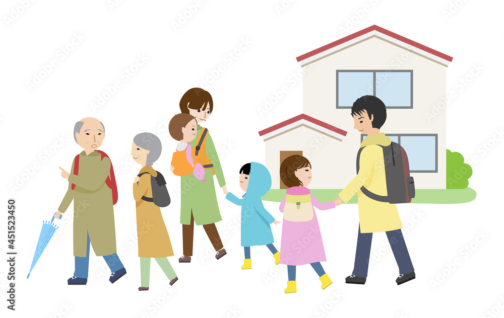 避難のために家を出る大家族
