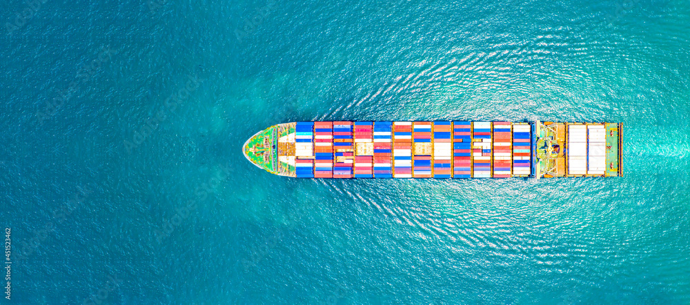 Container ship in ocean, Freight Transportation cargo,Shipping,Nautical Vessel. Logistics import export Container Cargo ship over sea. OverseaTransport business. - obrazy, fototapety, plakaty 