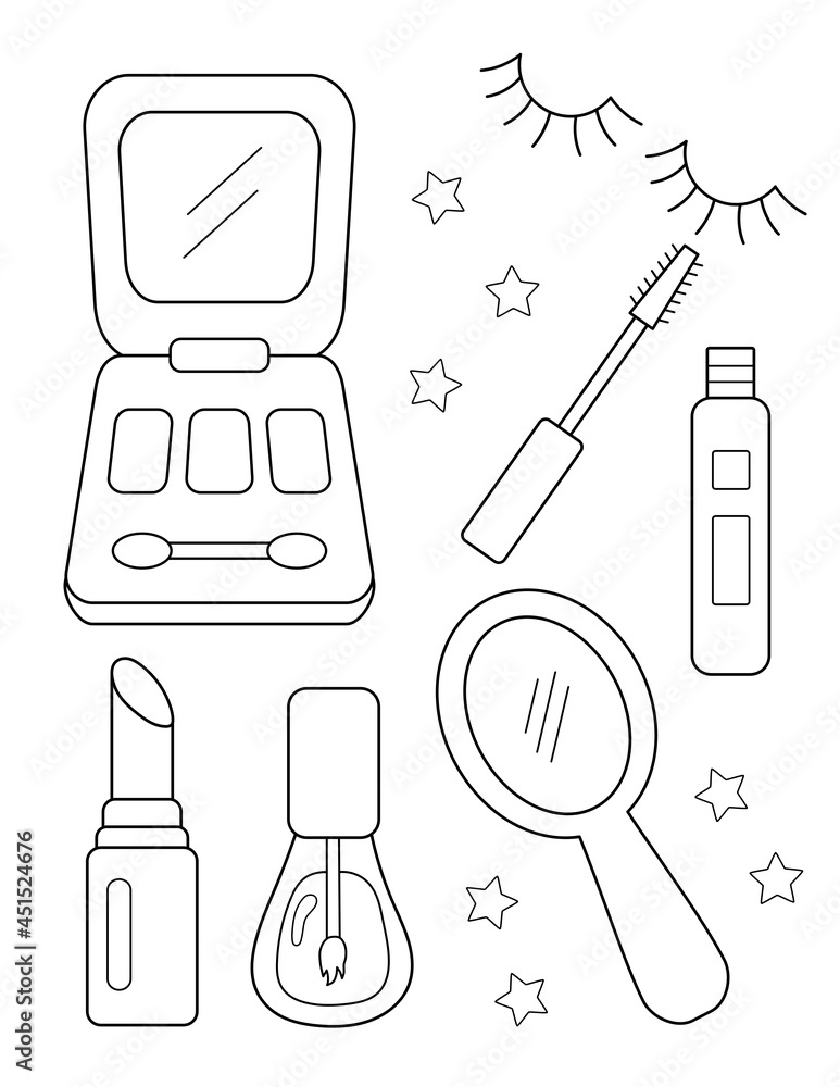 girls cosmetic kit, black outline easy coloring page with large shapes.  vertical orientation Stock Illustration
