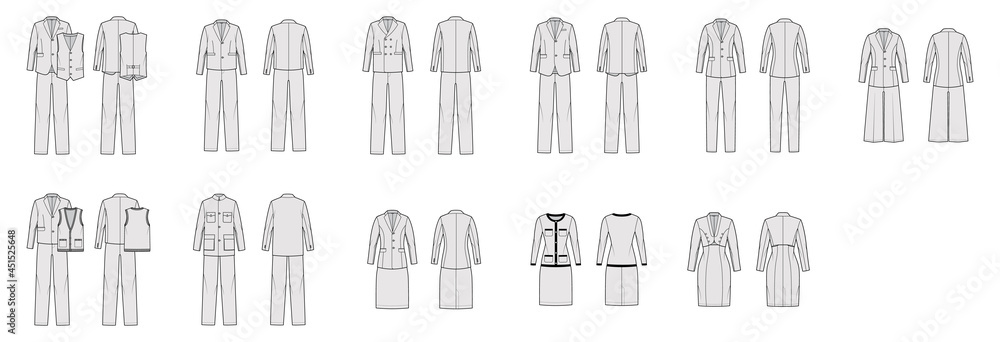 Set of Suits - classic Pants, jackets, blazers, dresses, vests technical  fashion illustration with two - three pieces, double single breasted. Flat  template front, back, grey color. Women men CAD Stock Vector