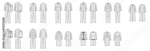 Set of Suits - classic Pants, jackets, blazers, dresses, vests technical fashion illustration with two - three pieces, double single breasted. Flat template front, back, grey color. Women men CAD