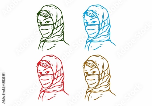 Four color variation of veiled woman wearing a medical mask line art drawing