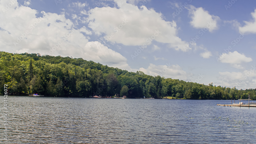 Blue resort lake surrounded by trees in summer Blue resort lake surrounded by trees in summer