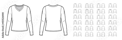 Set of shirts tops technical fashion illustration with fitted oversized body, scoop turtleneck, cowl, oval, V-neck, long sleeves. Flat apparel template front, back, white color. Women, men CAD mockup