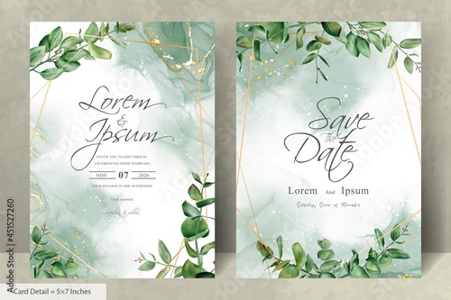 Greenery wedding invitation template with hand drawn eucalyptus