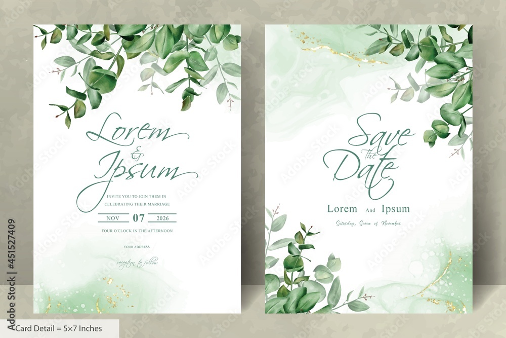 Greenery wedding invitation template with hand drawn eucalyptus