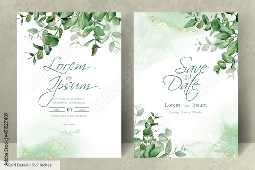 Greenery wedding invitation template with hand drawn eucalyptus