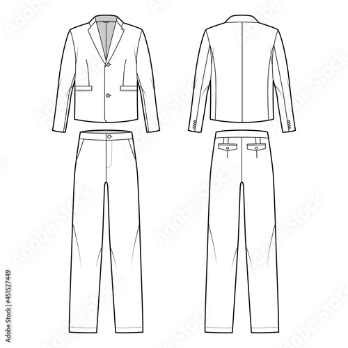 Set of two - piece Suit - classic trouser and jacket technical fashion illustration with single breasted, long sleeves, oversized. Flat apparel template front, back, white color. Women men CAD mockup