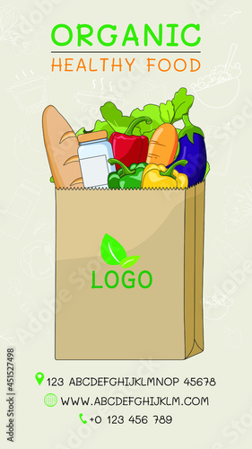 Healthy Organic Food for delivery service at home. Online order grocery shopping on touch screen. Vector illustration natural products for cooking food. Business and technology for good nutrition.