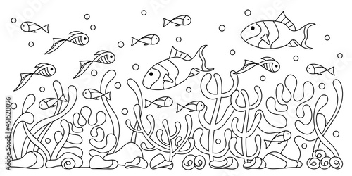 Hand-drawn underwater border . Coloring book for adult. Horizontal coral reef  seaweed fish.