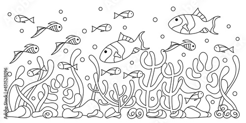 Hand-drawn underwater border . Coloring book for adult. Horizontal coral reef, seaweed fish.