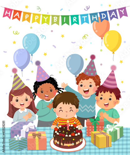 Vector illustration cartoon of happy group of kids having fun at birthday party. Little boy blowing out candle on birthday cake.