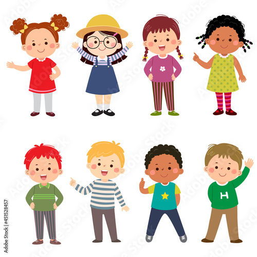 Happy kids cartoon collection. Multicultural children in different positions isolated on white background.