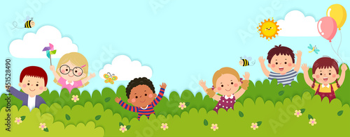 Vector horizontal banners with happy kids standing behind the bushes in paper cut style. Happy Children's day background with place for text