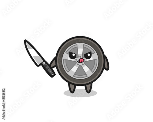 cute car wheel mascot as a psychopath holding a knife