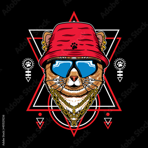 Vector Illustration of cat cartoon with vintage retro hip hop rapper style in black background. Good for logo, mascot, badge, emblem, banner, poster, flyer, social media, shirt