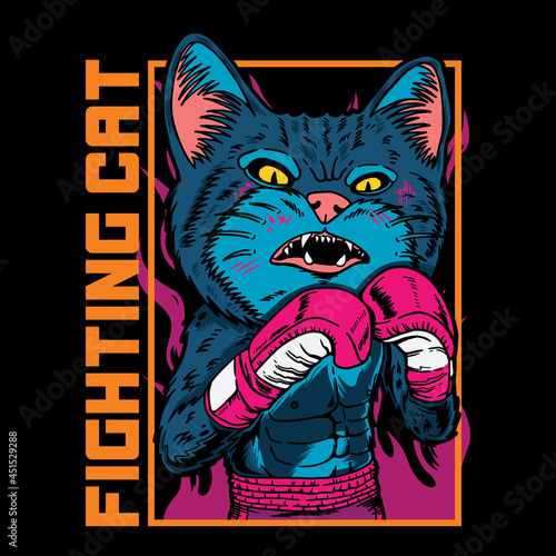 Vector graphic Illustration of cat boxer cartoon with vintage retro street boxing style in black backround. Good for logo, mascot, badge, emblem, banner, poster, flyer, social media, shirt
