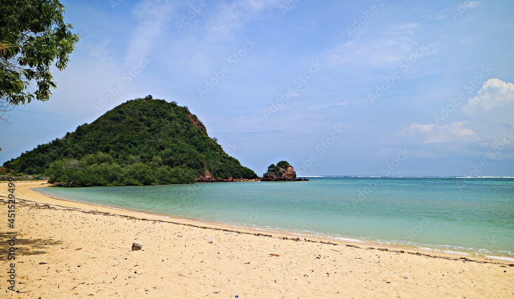 Obraz premium exotic mandalika beach with white sand and islands. Become a favorite tourist destination on the island of Lombok, West Nusa Tenggara, Indonesia.