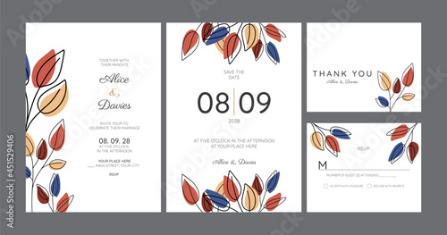 Wedding Invitation, menu card. Leaves design autumn foliage collection oak, maple, chestnut and ash. Decorative frame print. Vector elegant cute rustic greeting, invite postcard.