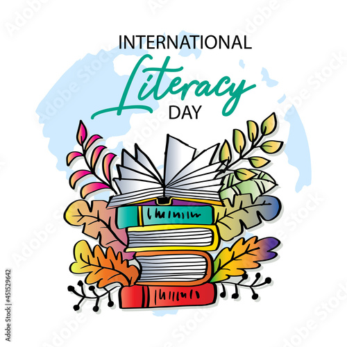 International literacy day background with books. 