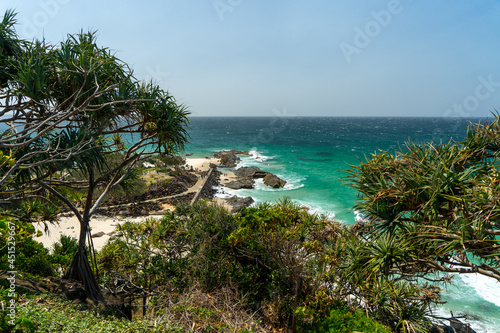 View between Pandanus trees to Snapper Rocks and the ocean beyond. Gold Coast, Queensland. 