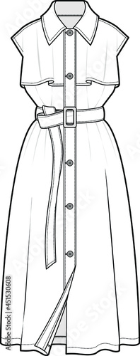 trench dress women button front belted sleeveless shirt dress flat sketch vector illustration 