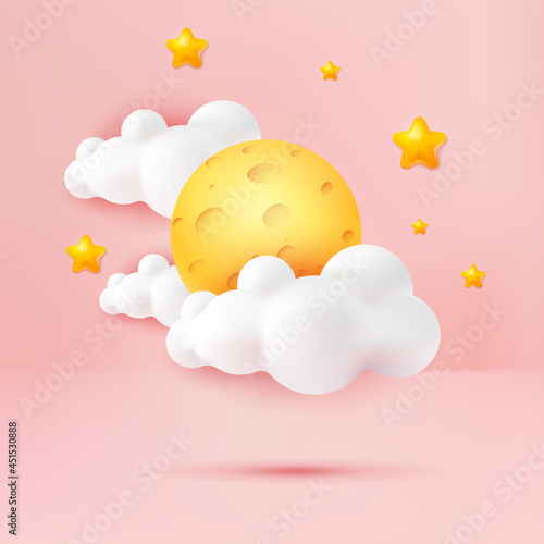 3d moon cheese yellow and cute cloud cartoon style on pink pastel scene background