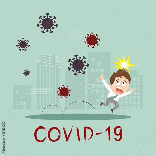 Man runaway from corona virus attacking, Coronavirus or virus covid-19 is attacking, illustration vector cartoon