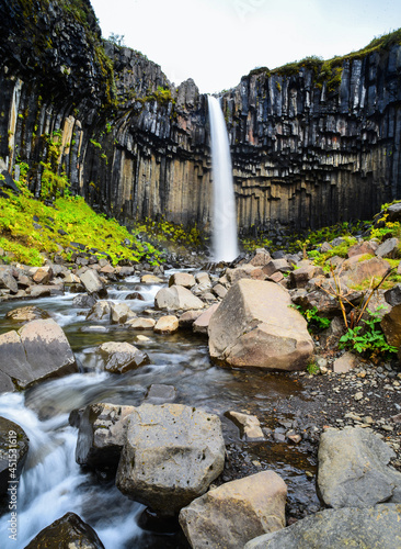 The popular Svartifoss waterfall and its basalt columns on the Skaftafellsheidi hiking trail loop  Skaftafell  Vatnaj  kull National Park  Iceland 