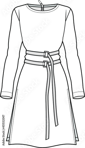 women's long sleeve belted midi dress with side slits fashion flat sketch vector illustration