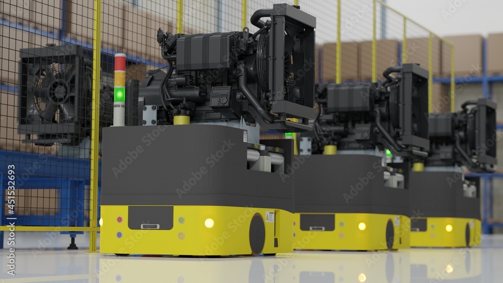 Factory 4.0 concept: The AGV (Automated guided vehicle) is carrying engine in smart factory. 3D illustration Factory 4.0 concept: The AGV (Automated guided vehicle) is carrying engine in smart factory. 3D illustration