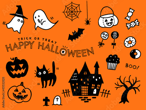 ハロウィンの手描きイラスト素材、オレンジ背景のベクターイラストセット