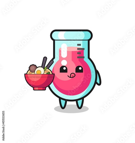 cute laboratory beaker character eating noodles