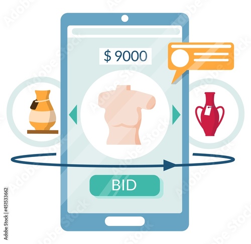 Mobile phone auction. Antique vase, sculpture art sale, vector illustration. Market trade. Online auction.