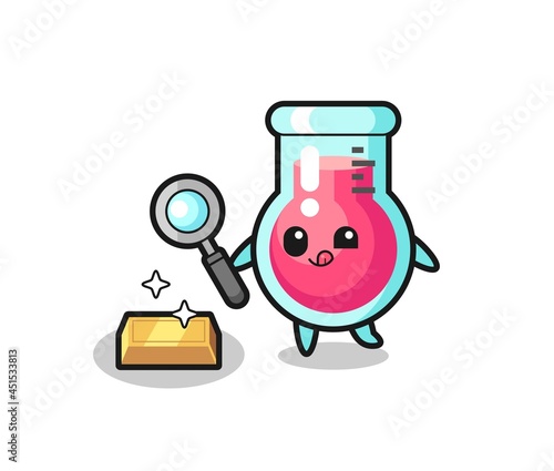 laboratory beaker character is checking the authenticity of the gold bullion