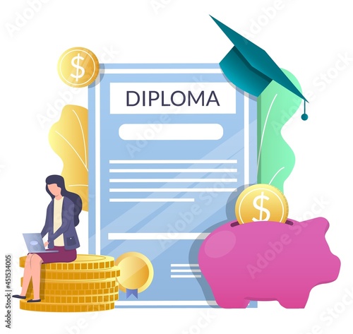 Diploma, graduation hat, piggy bank, woman sitting on coins, vector illustration. Student loan, saving education money.