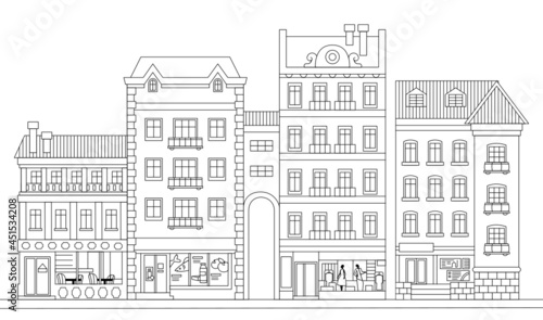 Vector linear black and white cityscape.